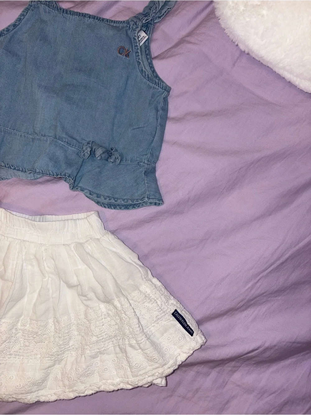 Girls Calvin Klein Set White Eyelet Skort and Denim Tank Top